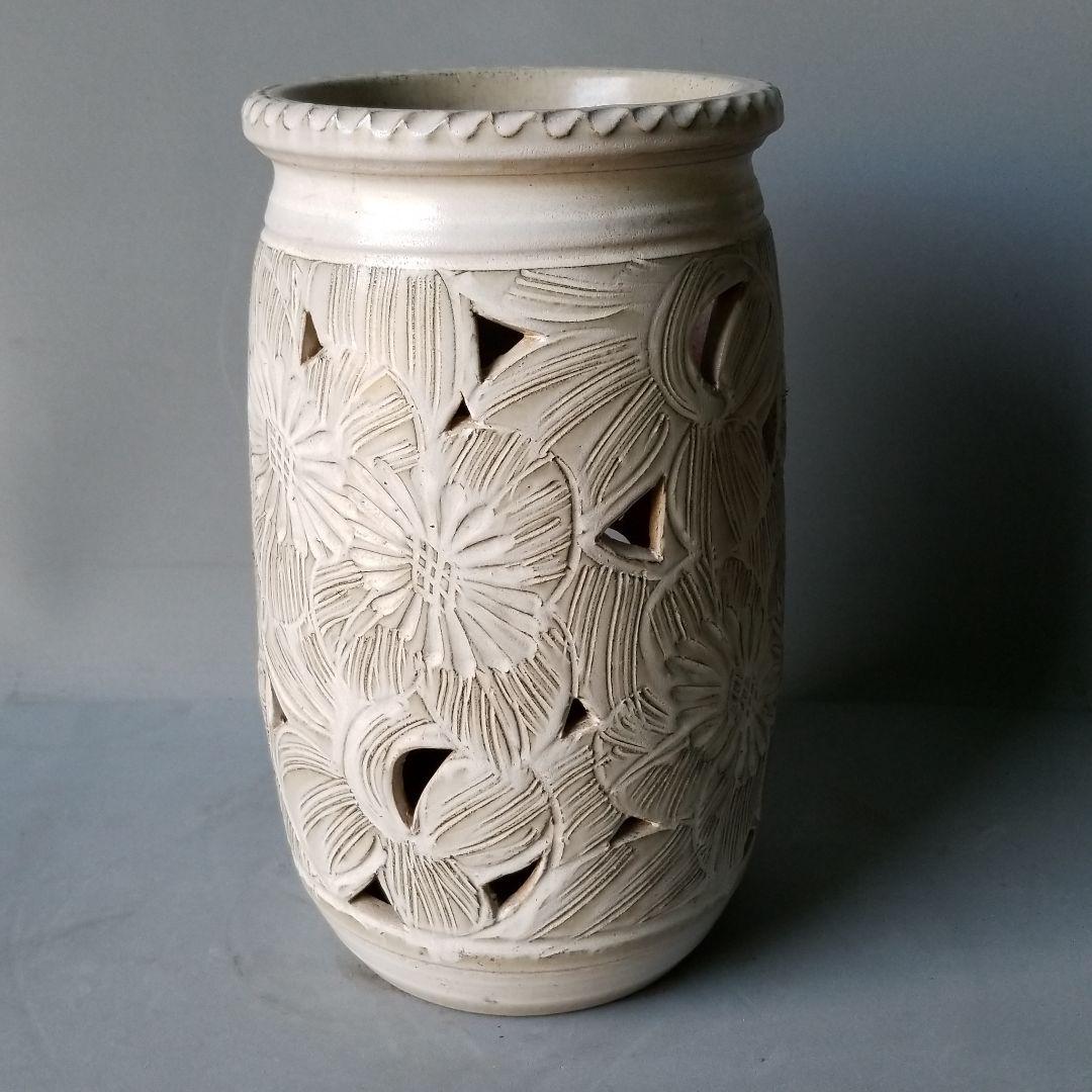 ほうき草 信楽焼傘立 ナワ淵彫絵 高さ４５cm