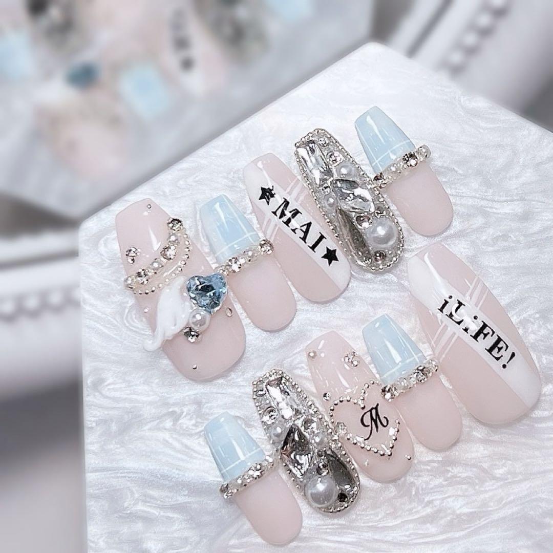 お急ぎ便A ネイルチップ 量産型 水色 シンプル チェック柄 ワンホン リボン