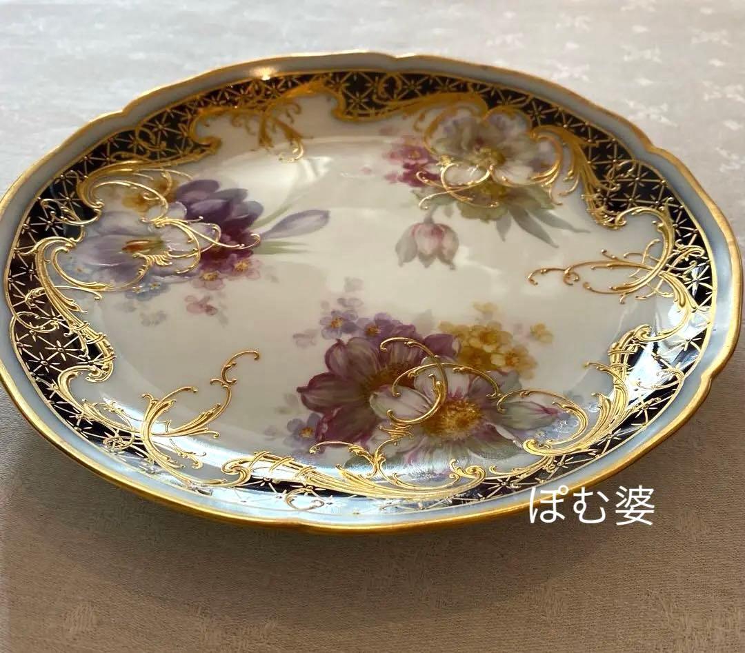 【KPMベルリン】印象派 印象主義／コバルト 上金彩皿 プレート「三つの花」