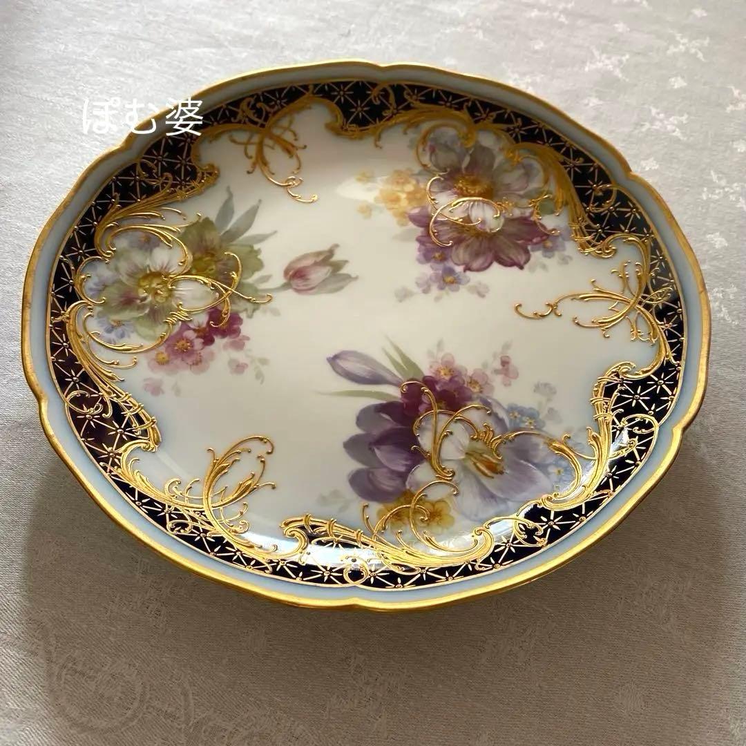 【KPMベルリン】印象派 印象主義／コバルト 上金彩皿 プレート「三つの花」