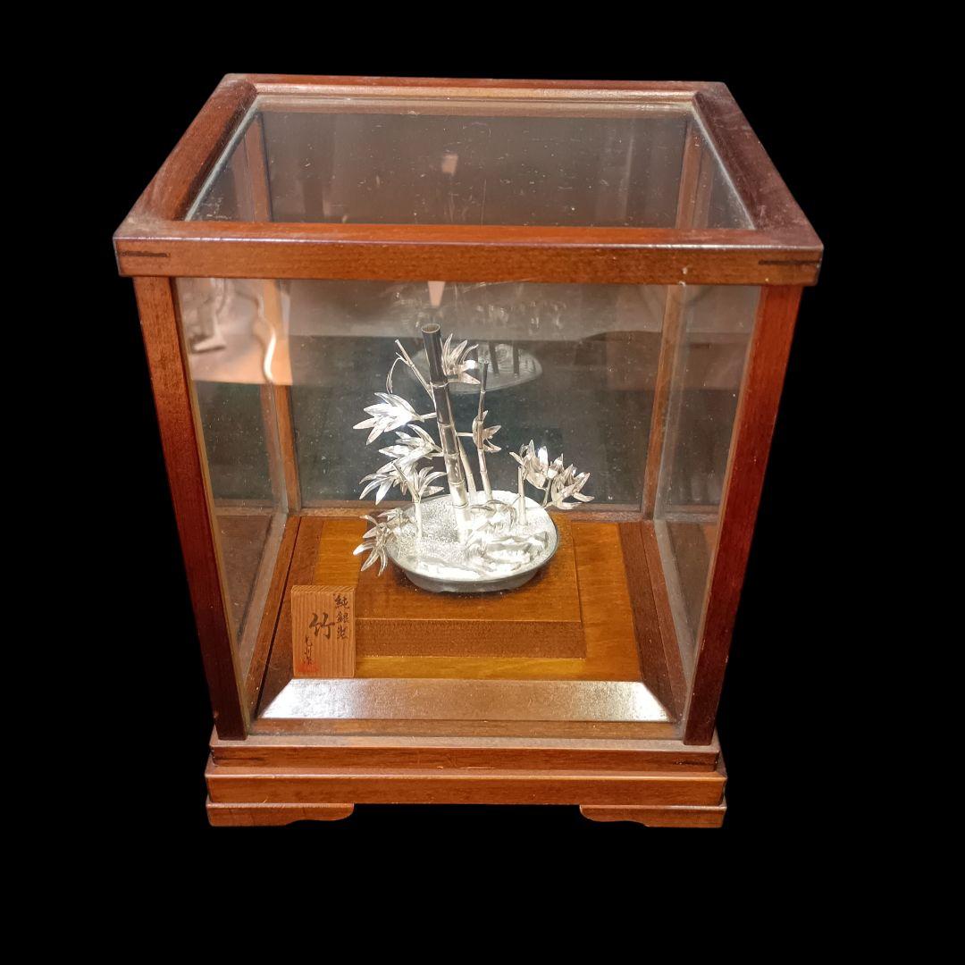 純銀製 竹 彫刻 光則作 ガラスケース付き 置物 竹盆栽