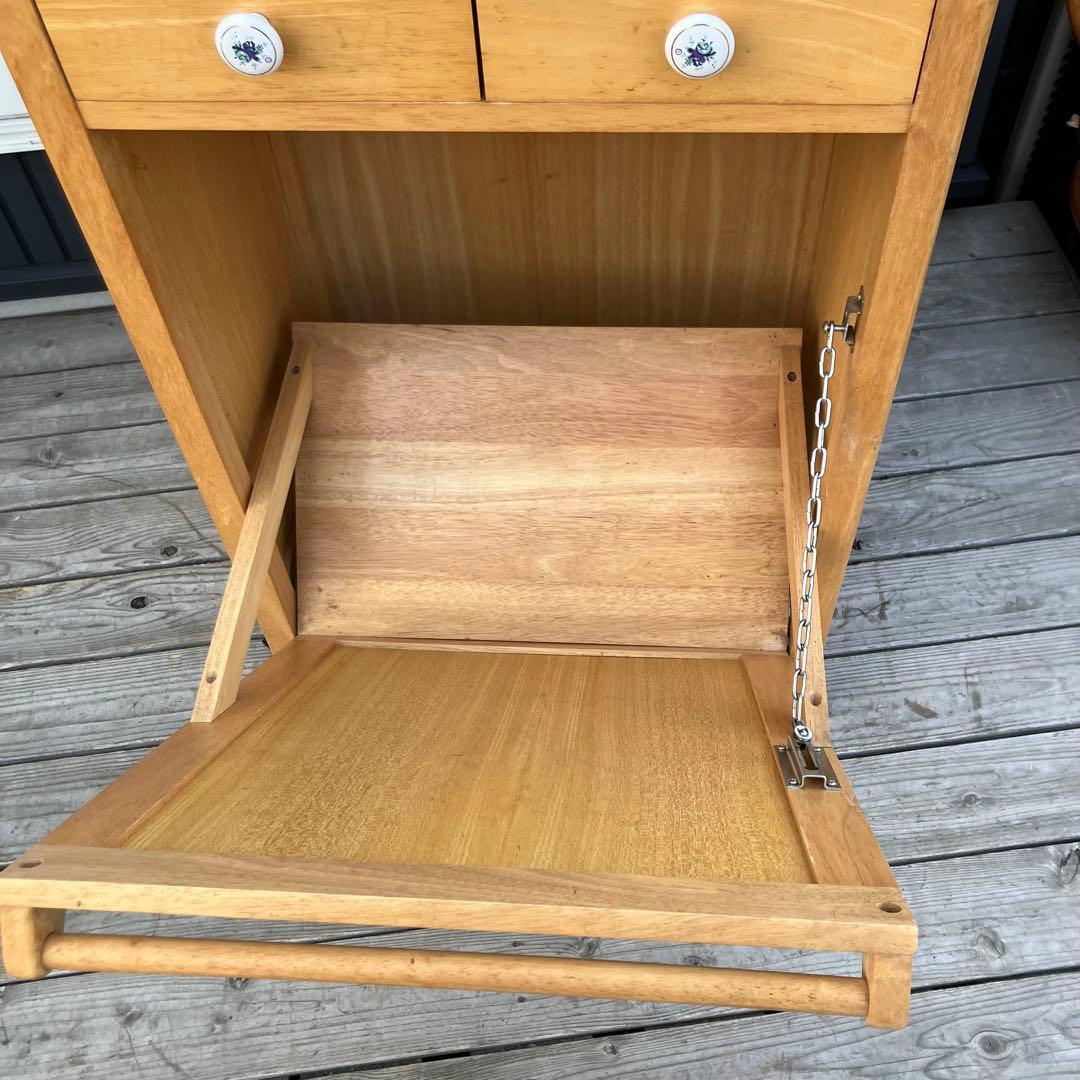 ①北欧レトロ アイリスオーヤマ 木製 タイル張り キッチンワゴン ダストボックス