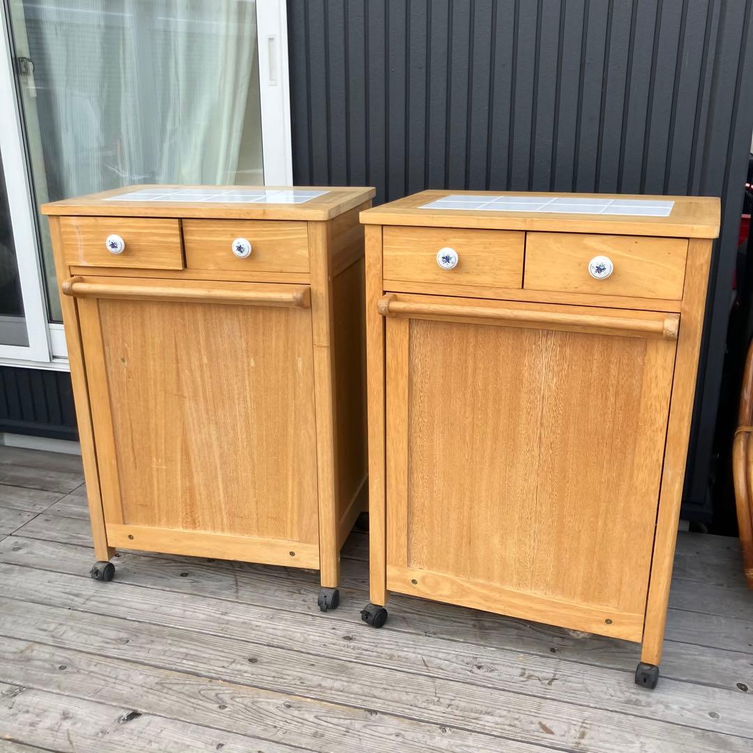 ①北欧レトロ アイリスオーヤマ 木製 タイル張り キッチンワゴン ダストボックス