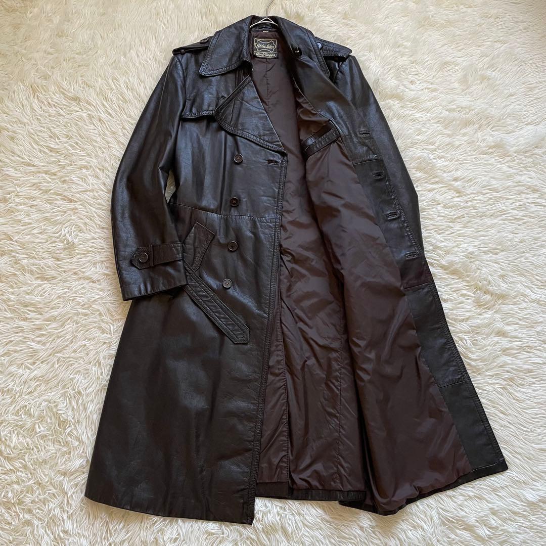 ロング丈　トレンチコート　ダブル　本革　大きいサイズ　ダークブラウン