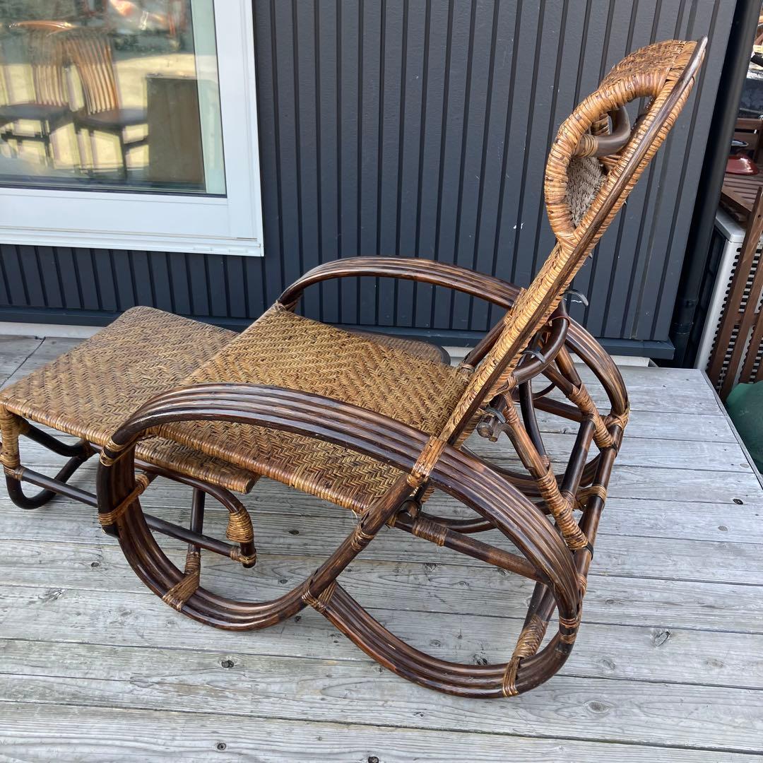 昭和レトロ ラタンリクライニングチェア 1人掛けソファー オットマン付き 籐家具