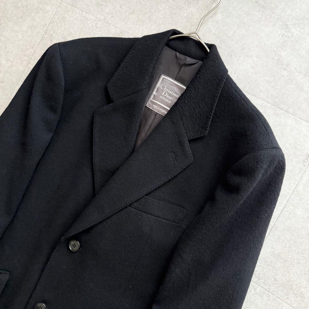 クリスチャンディオール　チェスターコート　ロング　黒　L　ラムウール