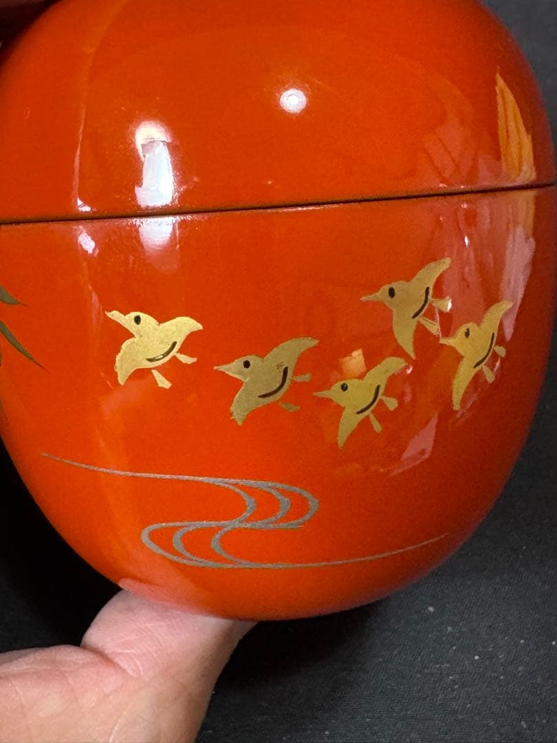 G79 送料無料　棗　井伊大老好　枇杷に鳥蒔絵　朱丸棗　茶道具　千穂造　茶道