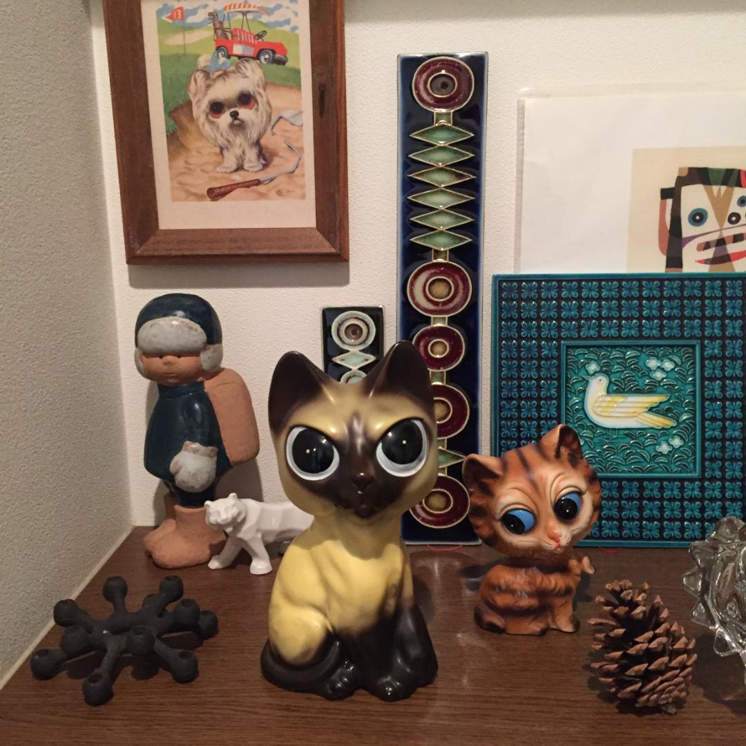 ビンテージ Norleans製 Big eye Cat置物 陶器 シャム猫 ねこ