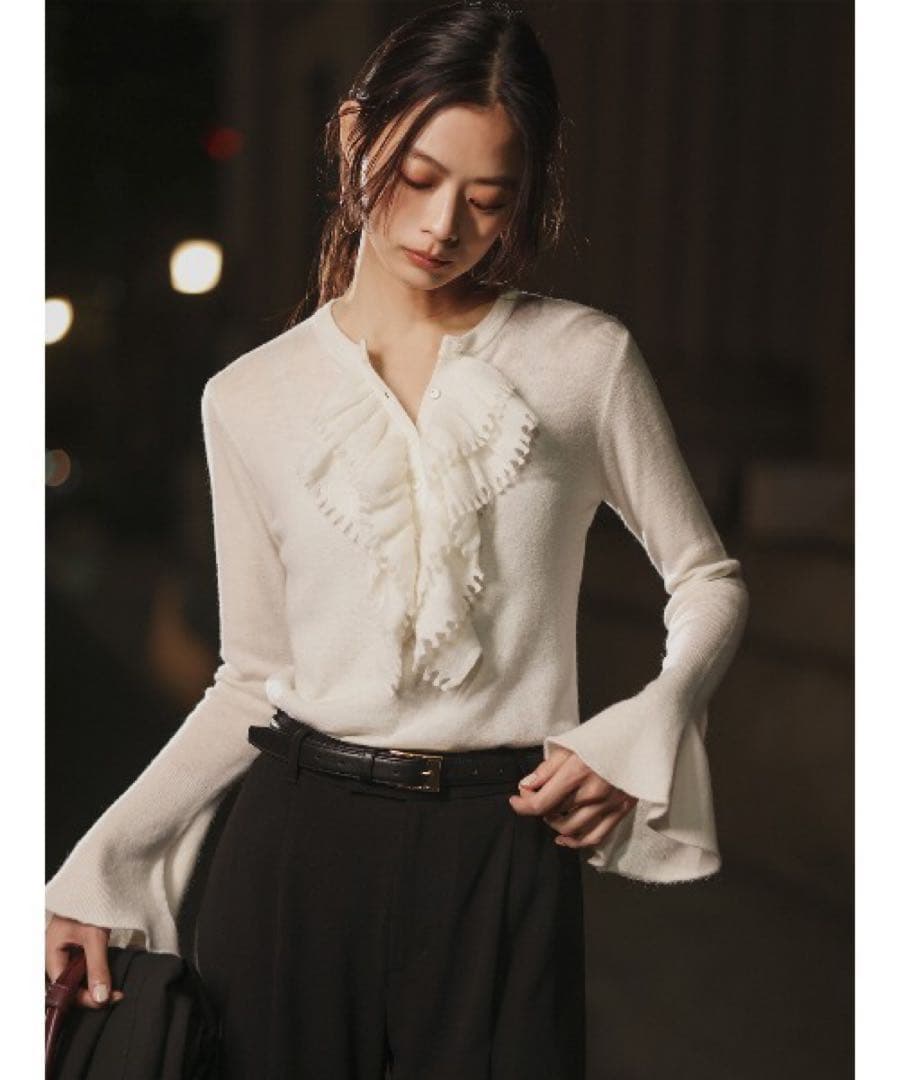 anuans カスケードフリルニットトップス アイボリー