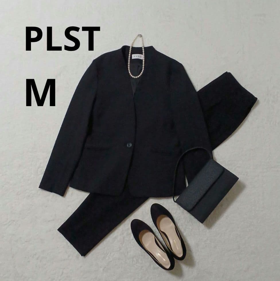 洗える！PLST プラステ ノーカラージャケット パンツ セットアップ 黒 M