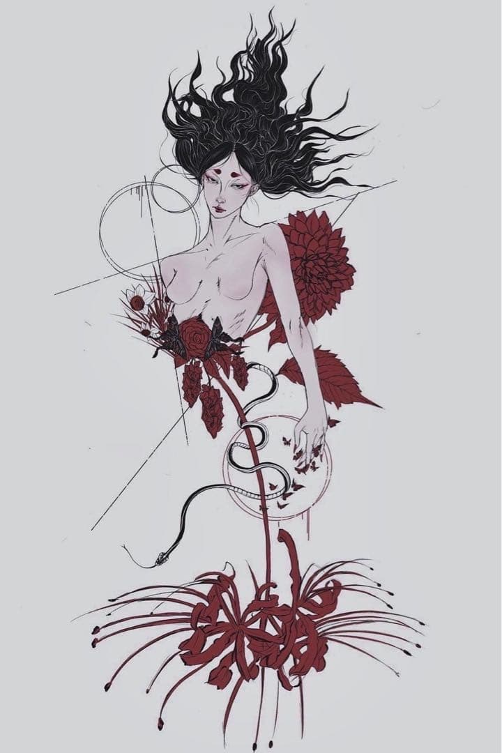 絵画 オリジナル 女性と花のイラストレーション（フレーム付き）