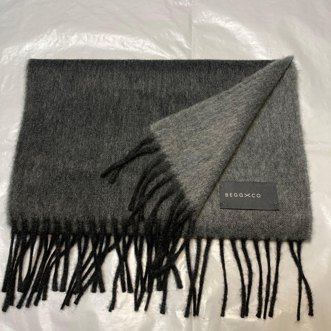 美品 ベグアンドコー カシミヤ100％ 中判マフラー リバーシブル グレー