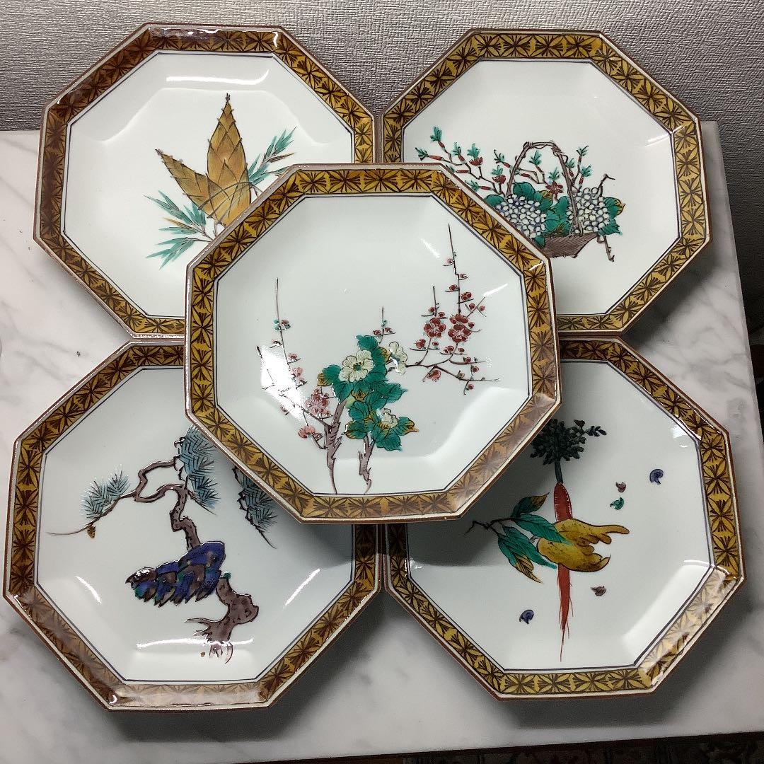 初代　三ツ井為吉造　南画風絵変　八角銘々皿　五客