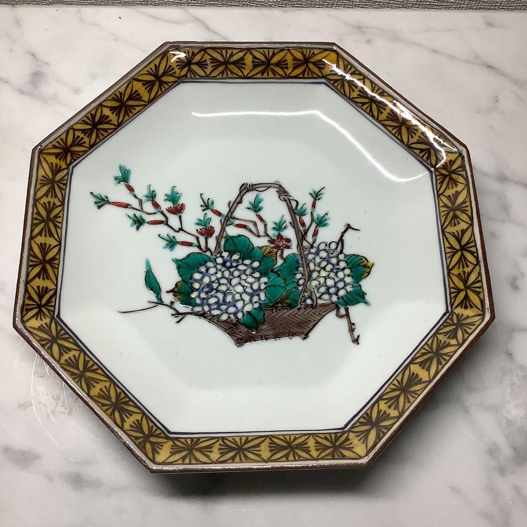 初代　三ツ井為吉造　南画風絵変　八角銘々皿　五客