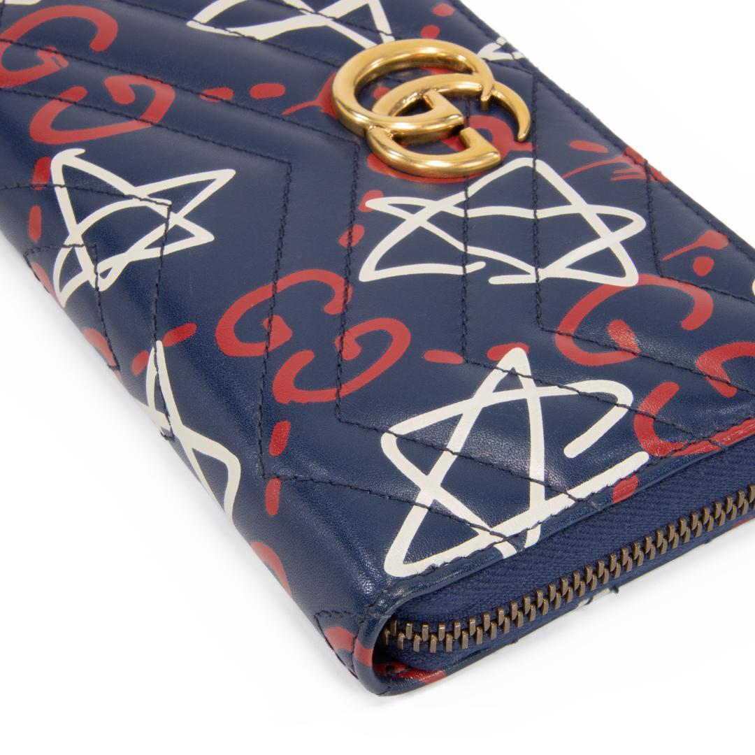 本物 グッチ 長財布 ファスナー メンズ ゴースト GG ネイビーブルー 赤 白