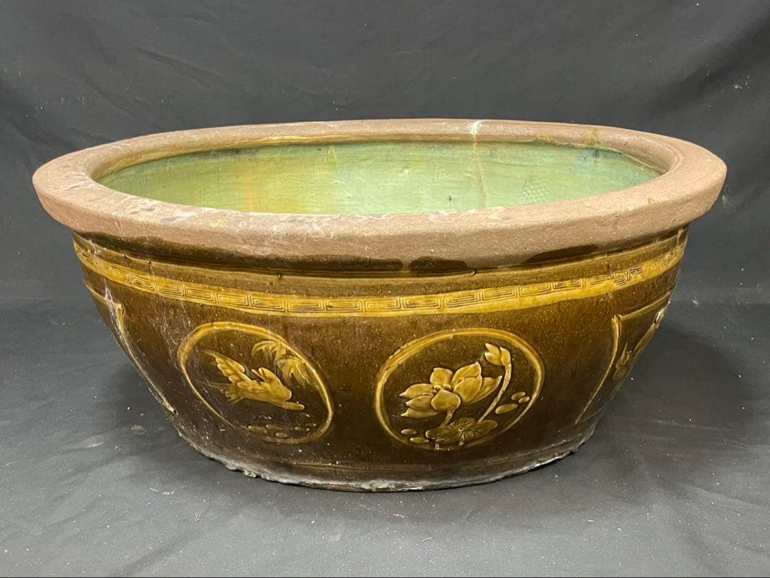 中国美術 睡蓮鉢 花鳥図 ピータン 金魚鉢 メダカ鉢 陶器 大型 楕円形