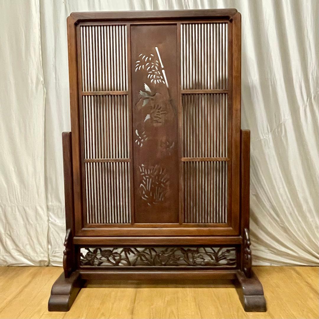 唐木指物 透し彫り 紫檀衝立