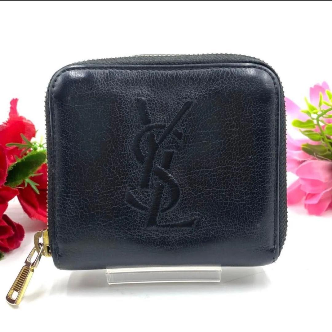 サンローラン◎二つ折り 財布 コンパクトジップ ラウンドファスナー ブラック 黒