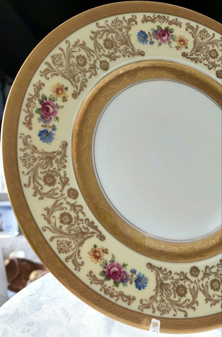 希少 金彩 プレート 手描き ピカード装飾 ドレスデンブーケ アンティーク