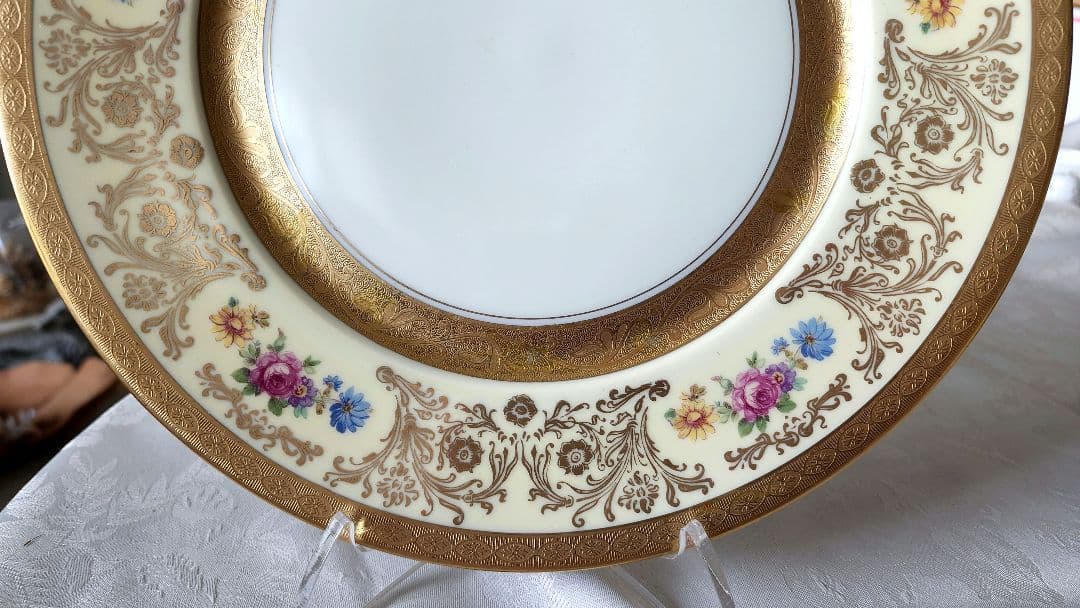 希少 金彩 プレート 手描き ピカード装飾 ドレスデンブーケ アンティーク