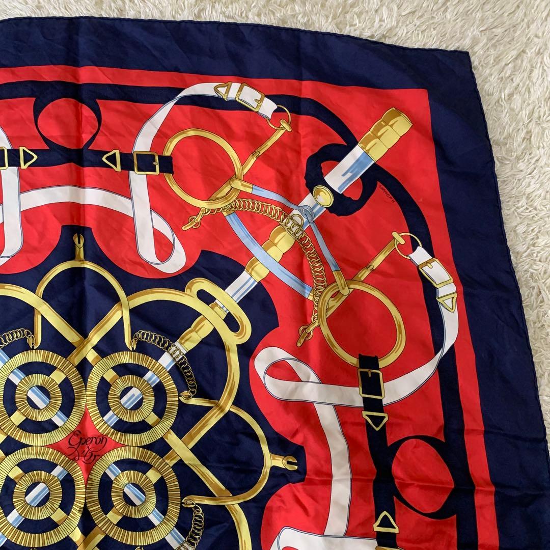 極美品　HERMÈS エルメス カレ90 シルクスカーフ 赤×紺