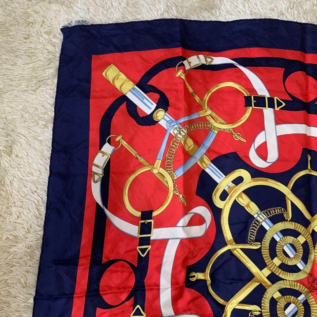 極美品　HERMÈS エルメス カレ90 シルクスカーフ 赤×紺