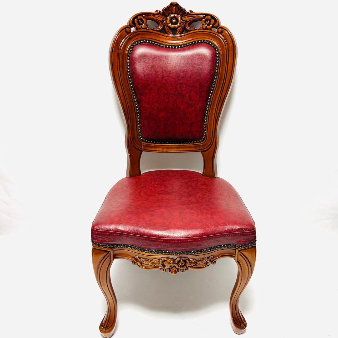 イタリア アンティーク風 マホガニー 猫足 ダイニングチェア レッド レザー