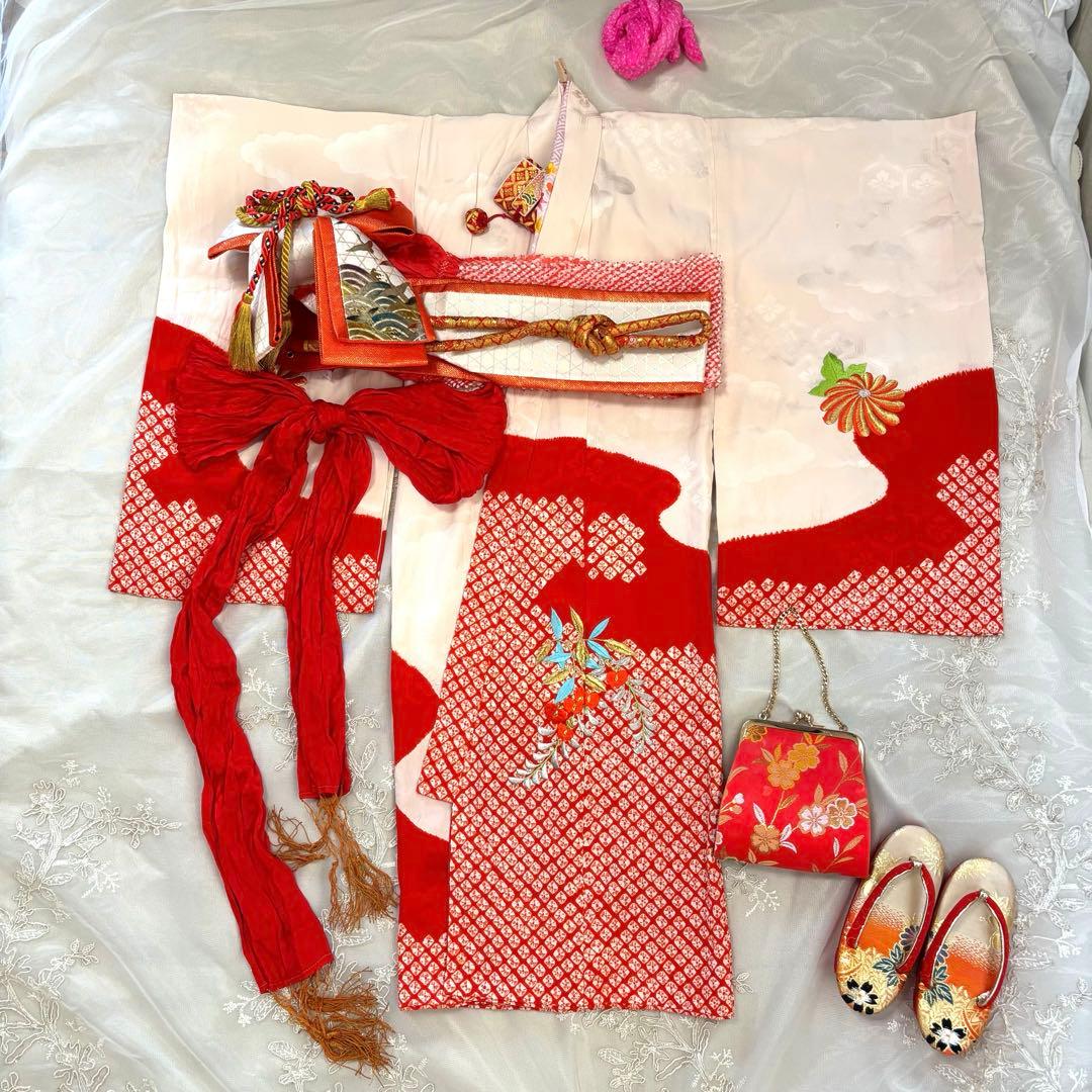 七五三直前割引【高級】お宮参り 七五三 3歳 着物セット 紅白 金駒刺繍 絞り