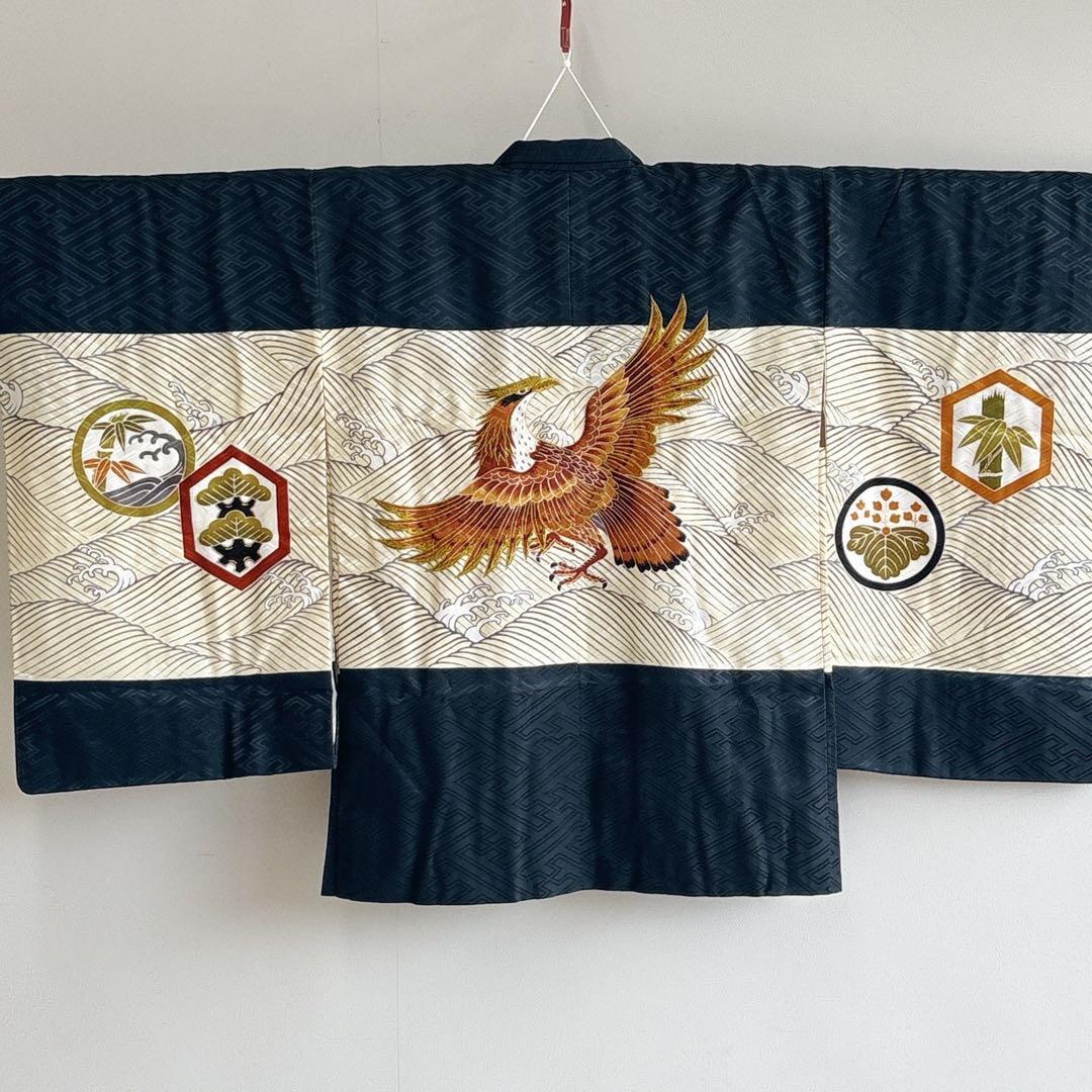 七五三　5歳　男の子　袴セット　紺　鷹　化繊　縞はかま　中古品　61211