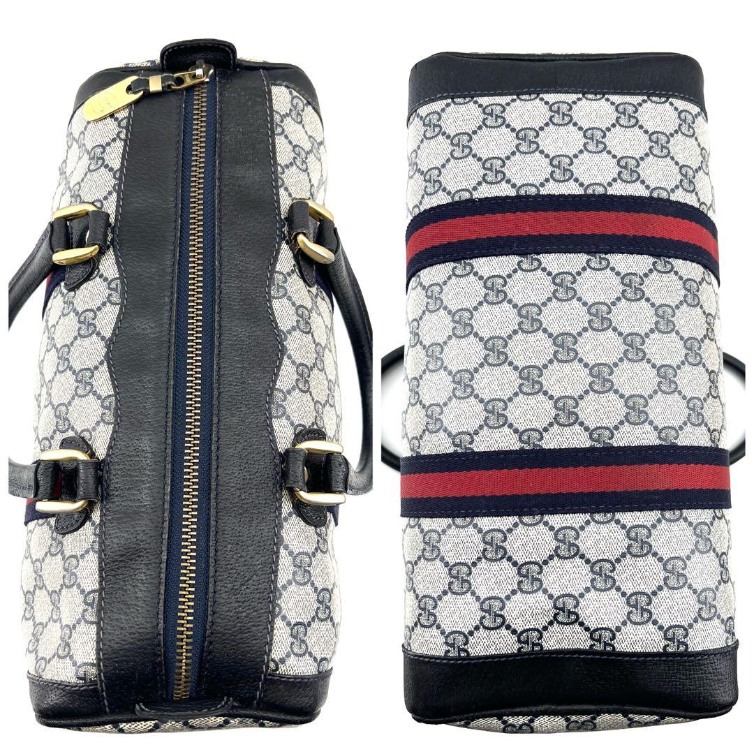 美品　GUCCI　ボストンバック　PVC　シェリーライン　ネイビー　GG柄　本革