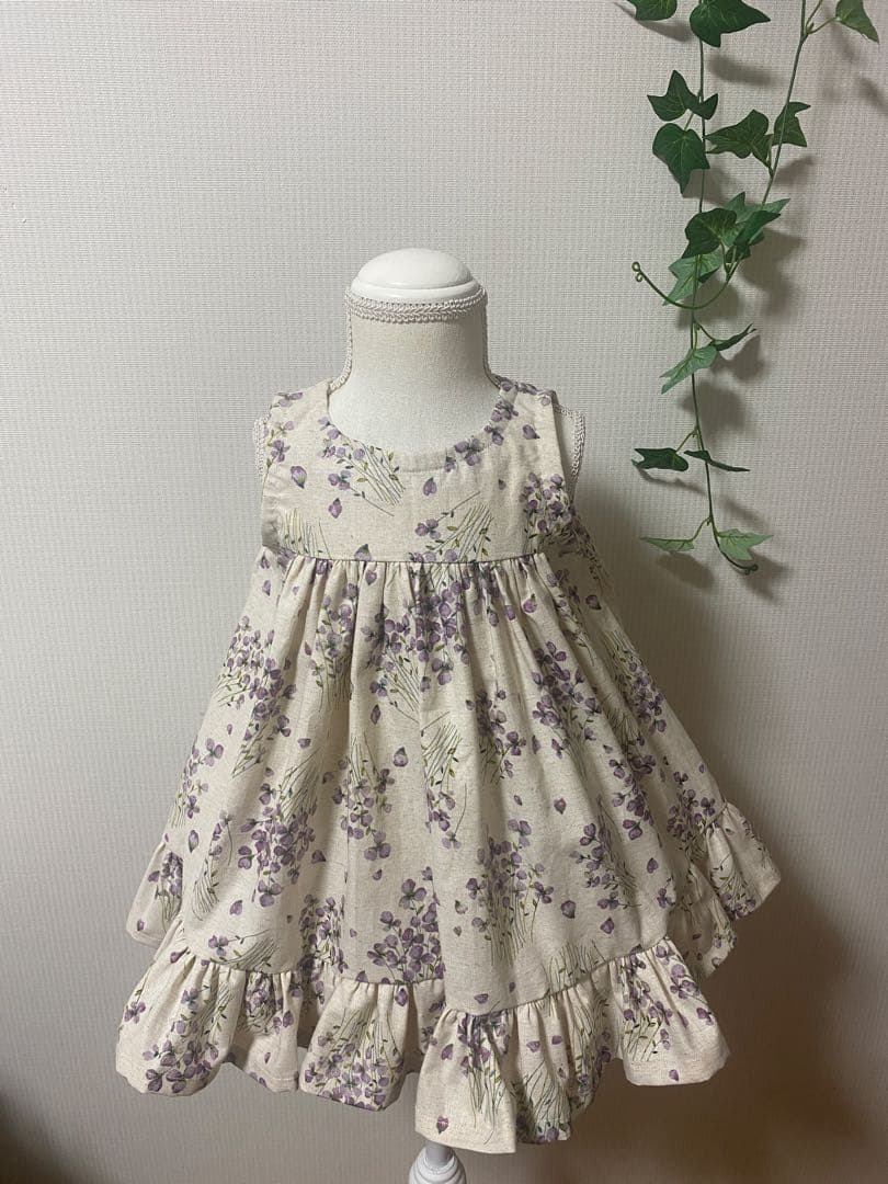 ハンドメイドフリルワンピース、ノースリーブワンピースつけ襟セットサイズ80.90