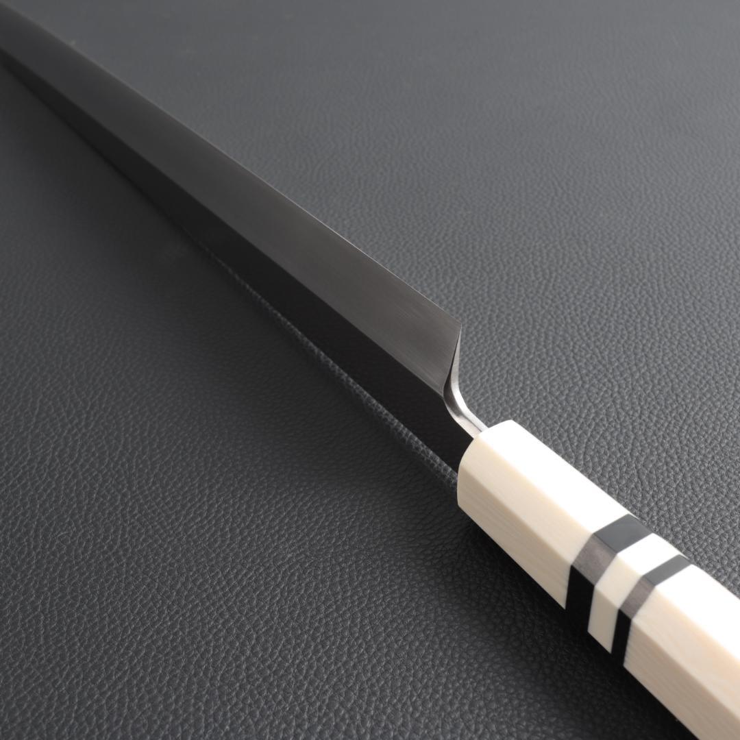 9342 柳刃包丁 9寸 刺身包丁 刃は究極の切れ味 人工象牙黒三本巻八角柄