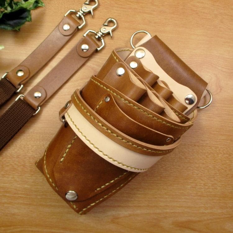 手染めキャメル＆ナチュラル　６丁差し　本革シザーケース　SCA-158/NCA