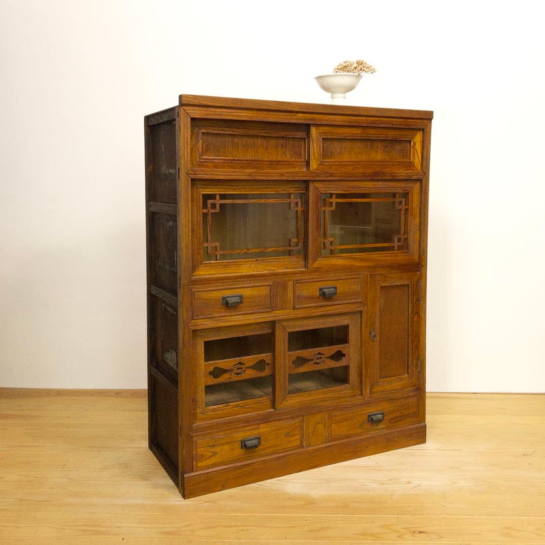 ガラス棚　水屋箪笥　収納棚　古道具　古家具　和家具　ビンテージ　アンティーク
