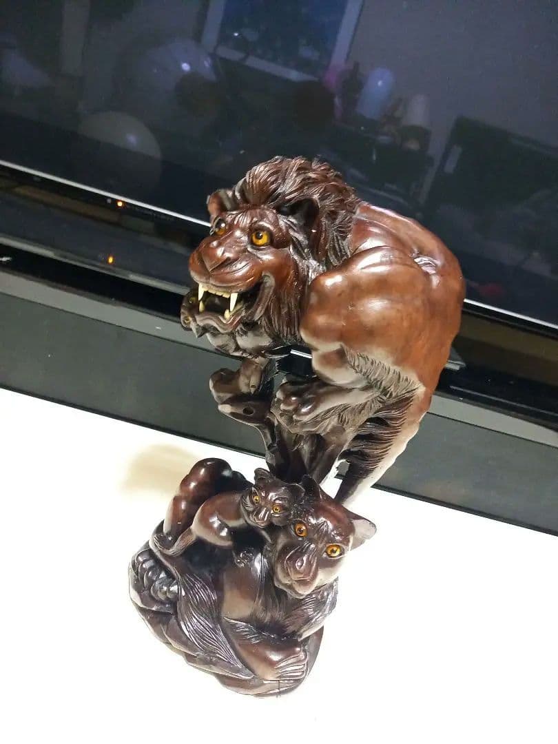 骨董　根木　唐木　無垢材　手彫り　硝子眼　唐獅子　細密　細工