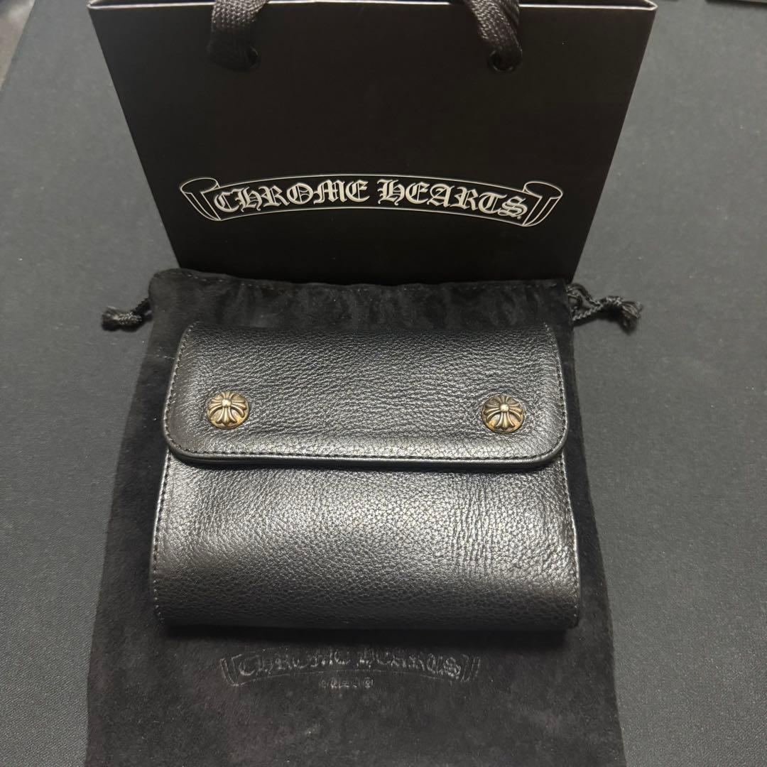 クロムハーツ ウェーブウォレット クロスボタン ブラック ヘビーレザー ミニ
