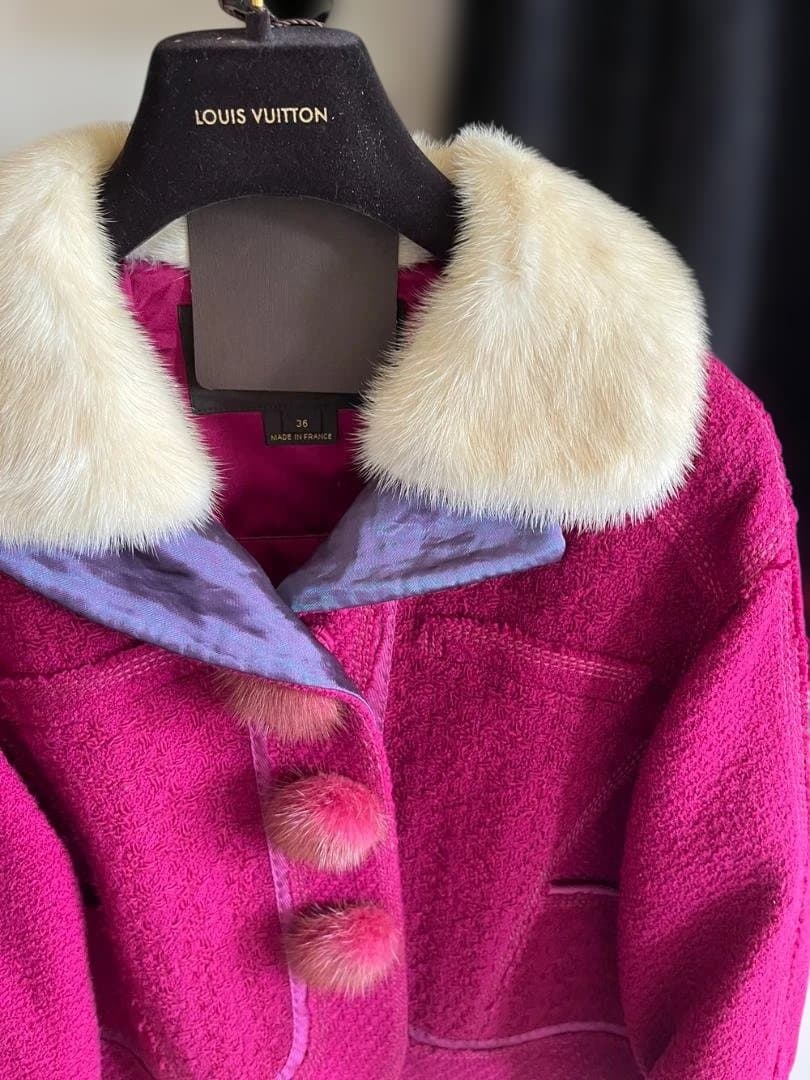 Louis Vuitton ホットピンク ミンク襟 ツイード ショートジャケット