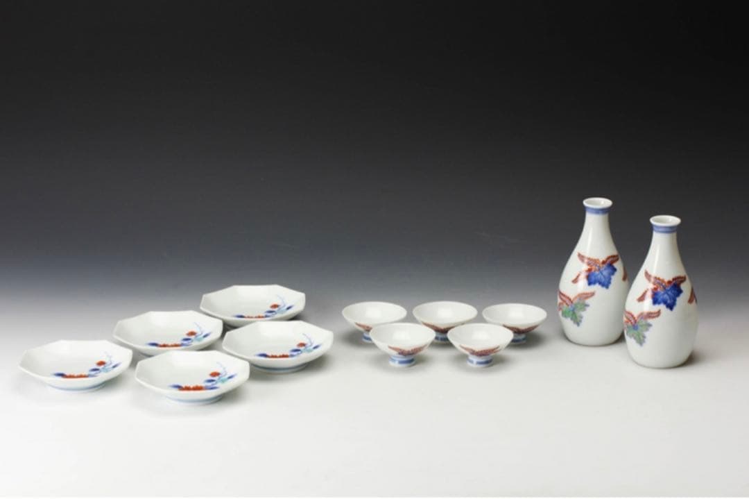 【極レア】十一代 今泉今右衛門 錦桐絵酒器揃 錦牡丹絵小皿 五客 共箱