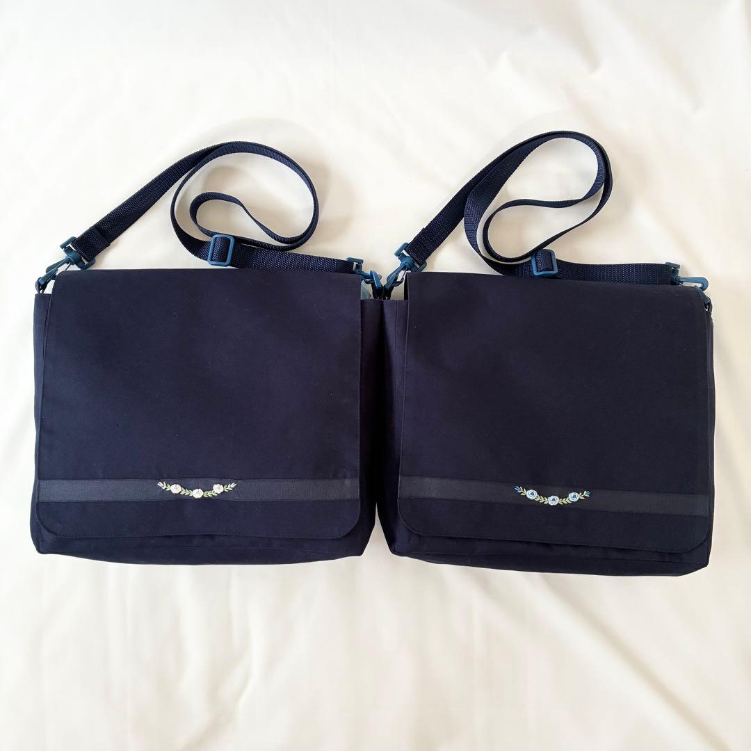 こん　手刺繍　ショルダーバッグ　通しマチ　濃紺　調整ベルト付き　【2/2】